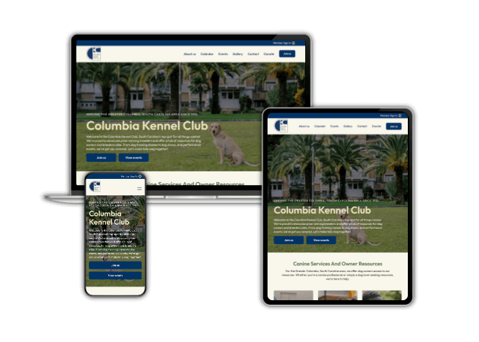 Responsive musician website for the Columbia Kennel Club, on various devices.