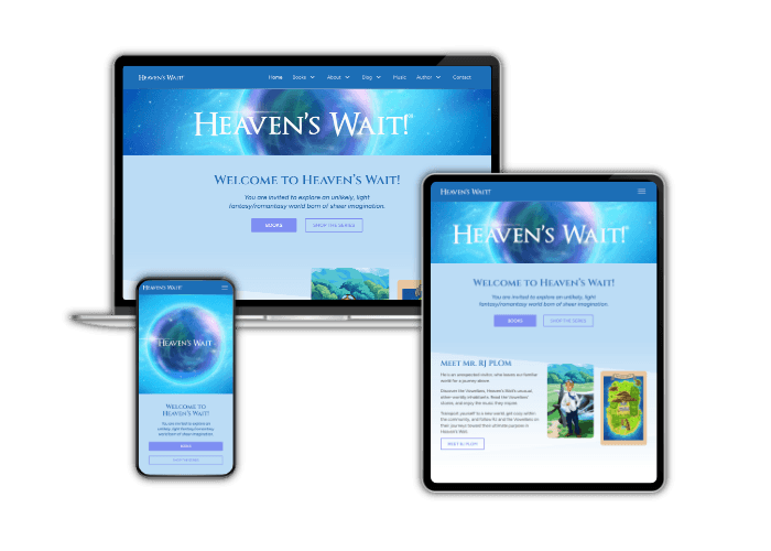 Heaven's Wait website displayed on laptop, tablet, phone