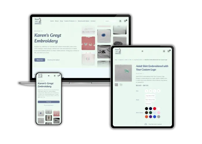 Screens displaying custom embroidery online shop called Karen's Greyt Embroidery, Cross stitch, & More, LLC.