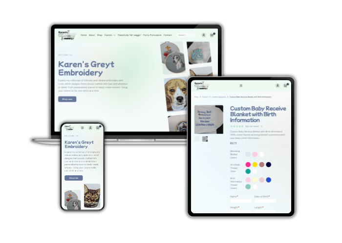 Screens displaying custom embroidery online shop called Karen's Greyt Embroidery, Cross stitch, & More, LLC.