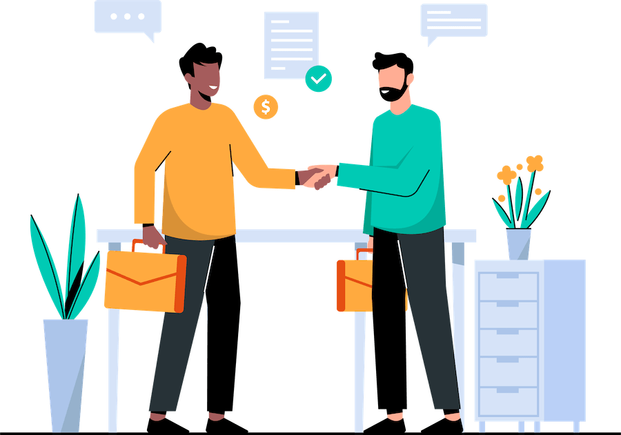 Two illustrated individuals are shaking hands in an office setting.