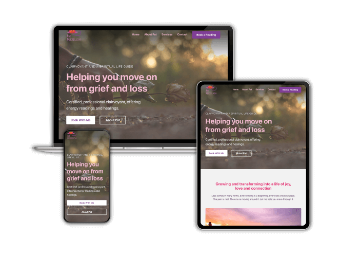 A mockups of the website for patmikkelson.com shown on a phone, tablet, and desktop screens.