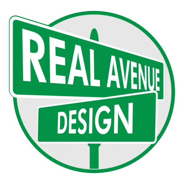 The Real Avenue Design logo of street signs with the street names Real Avenue and Design.