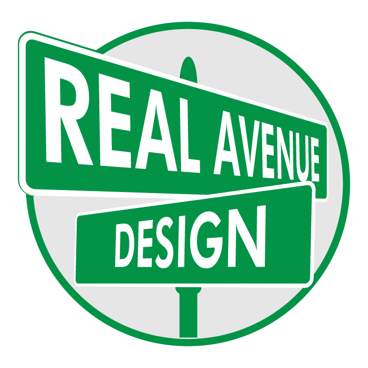 The Real Avenue Design logo of street signs with the street names Real Avenue and Design.
