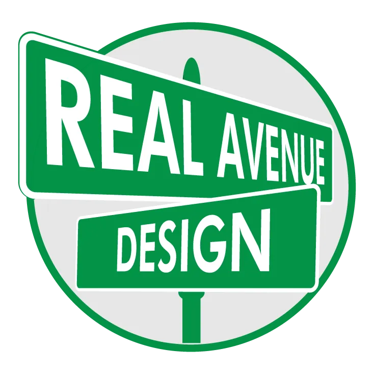 The Real Avenue Design logo of street signs with the street names Real Avenue and Design.
