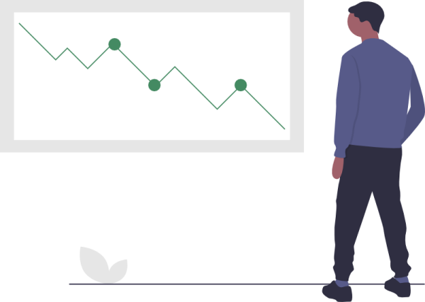 An illustrated man analyzing downward trend on graph.