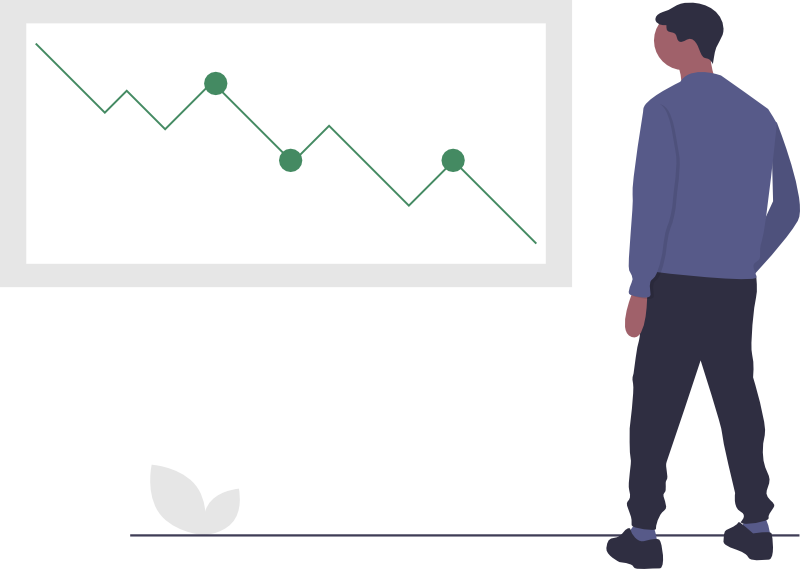 An illustrated man analyzing downward trend on graph.