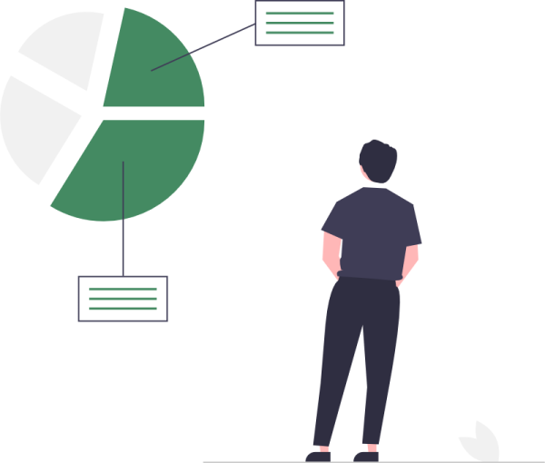 Man observing business data on hanging pie chart