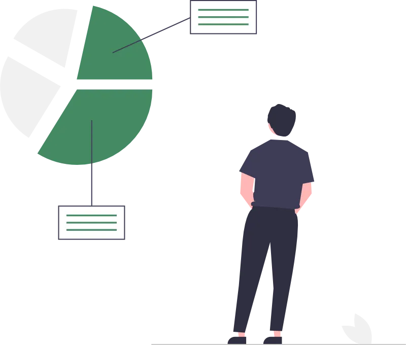 Man observing business data on hanging pie chart